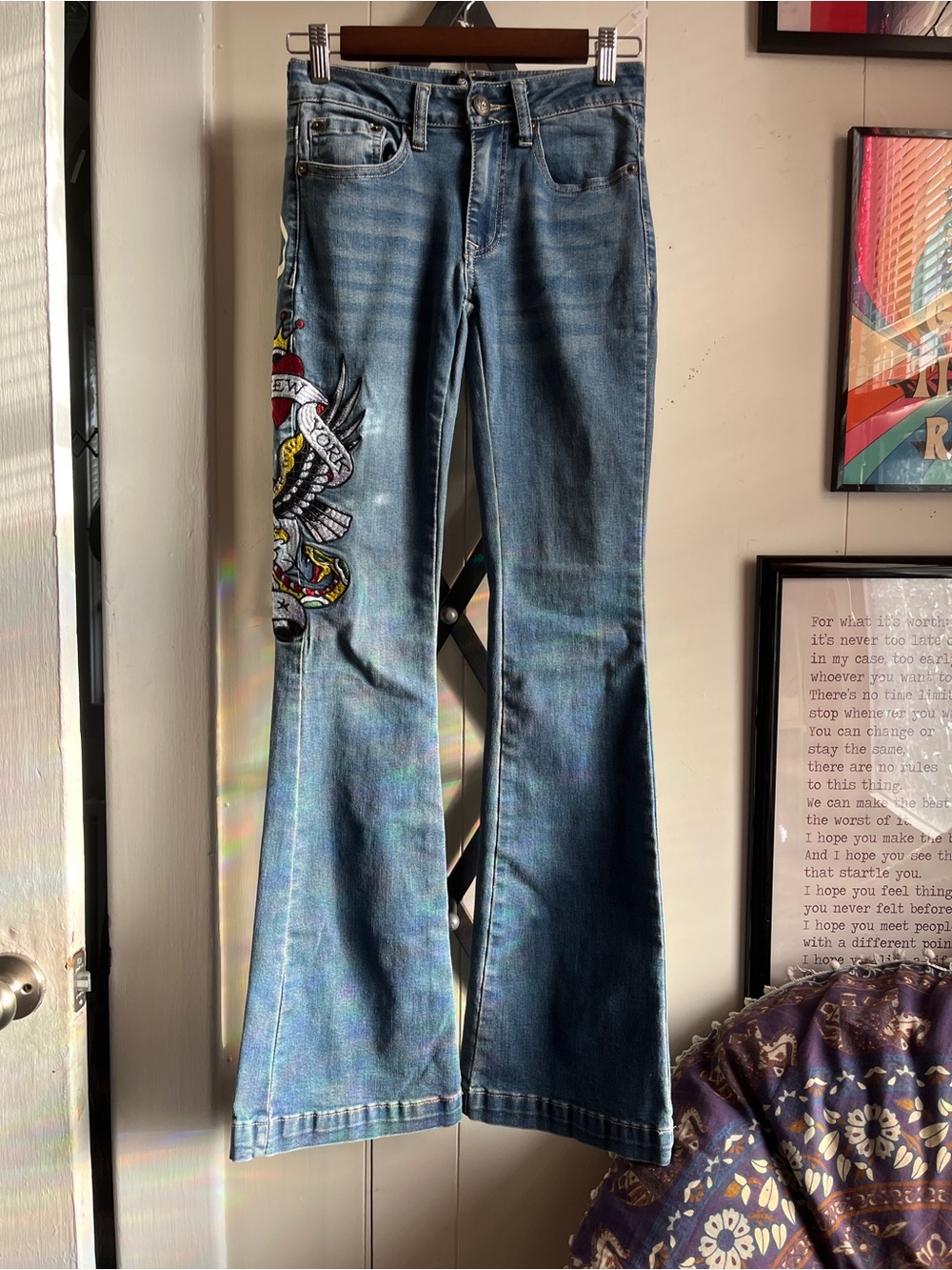 Ed Hardy Blue Flare Jeans with Left-Leg Embroidery